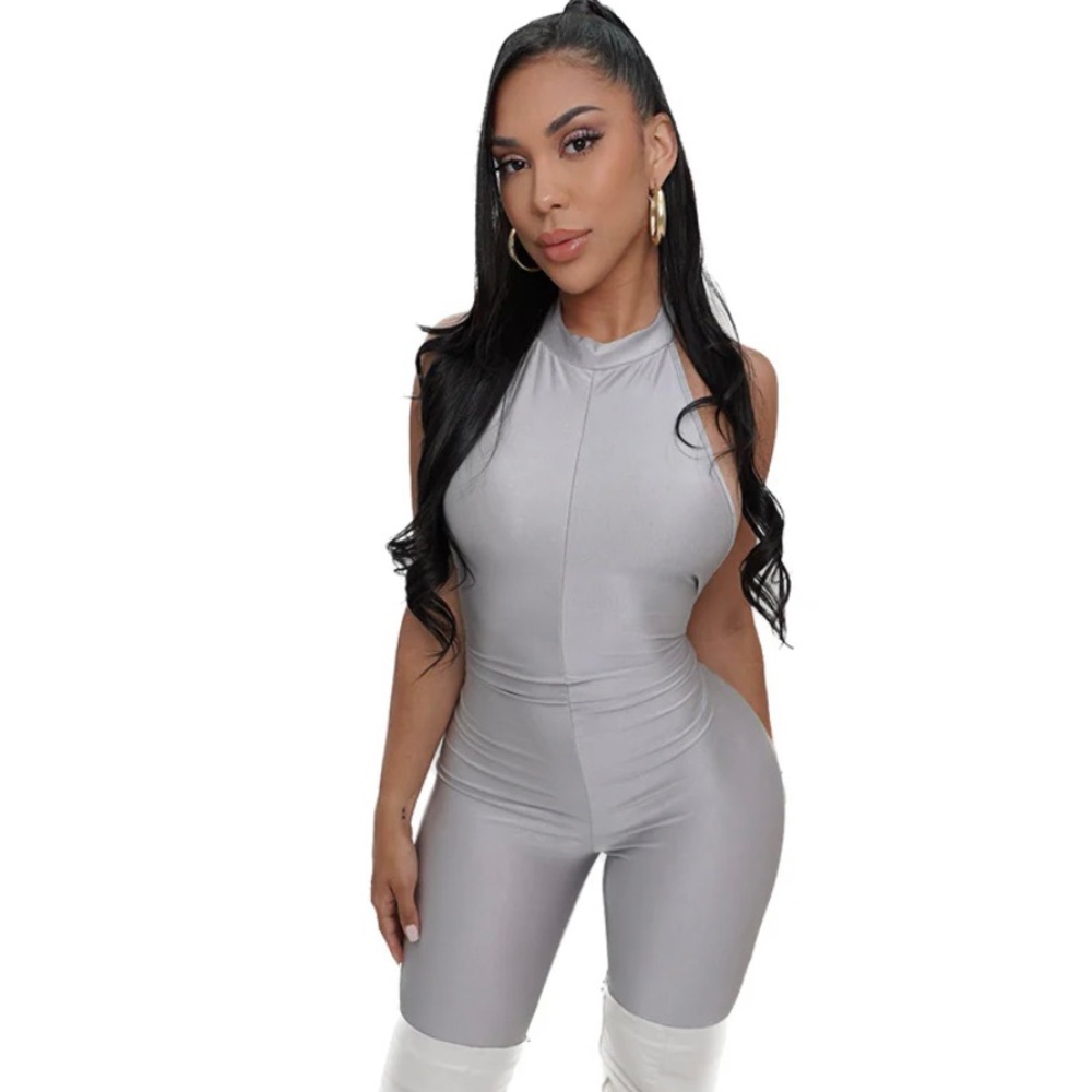 Women’s petite silver disco short sleeve jumpsuit